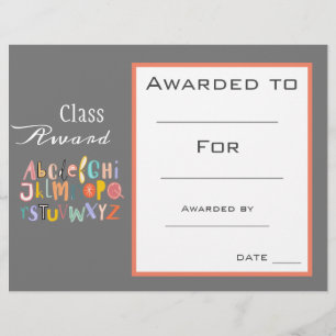 Class award cute reading alphabet certificate