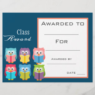 Class award cute reading owl children certificate