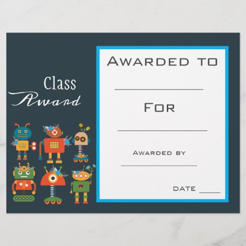 Class award cute robots children certificate