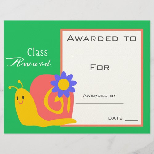 Class award cute snail children certificate
