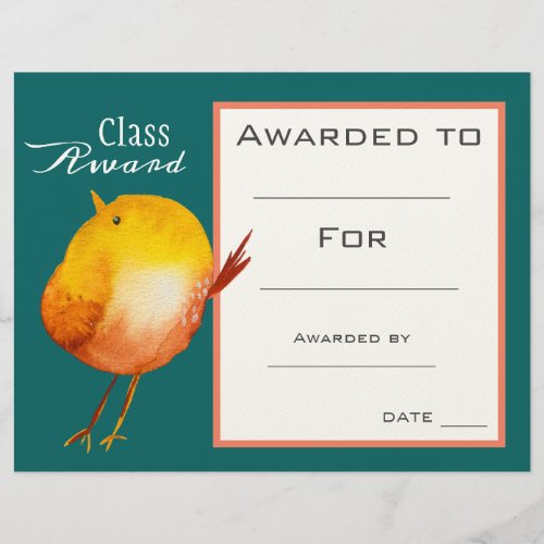 Class award cute yellow bird children certificate