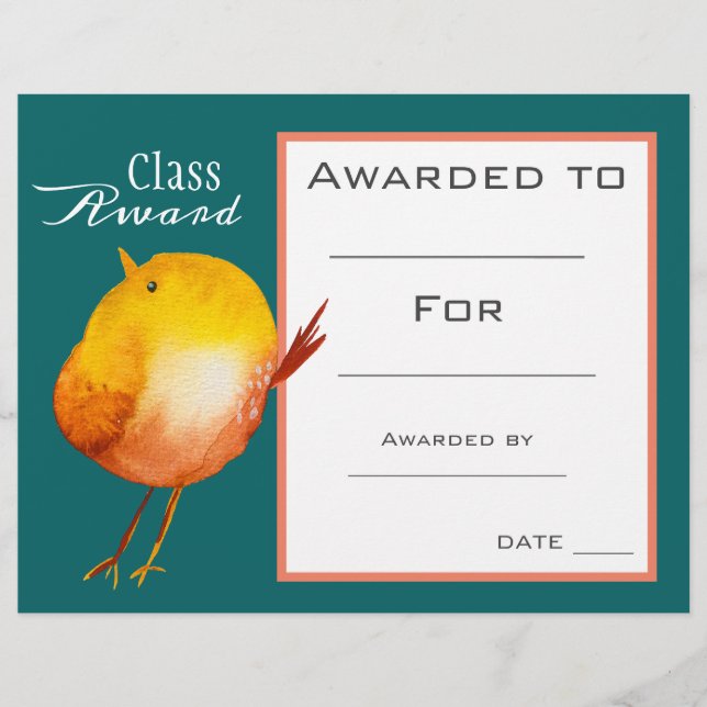 Class award cute yellow bird children certificate (Front)
