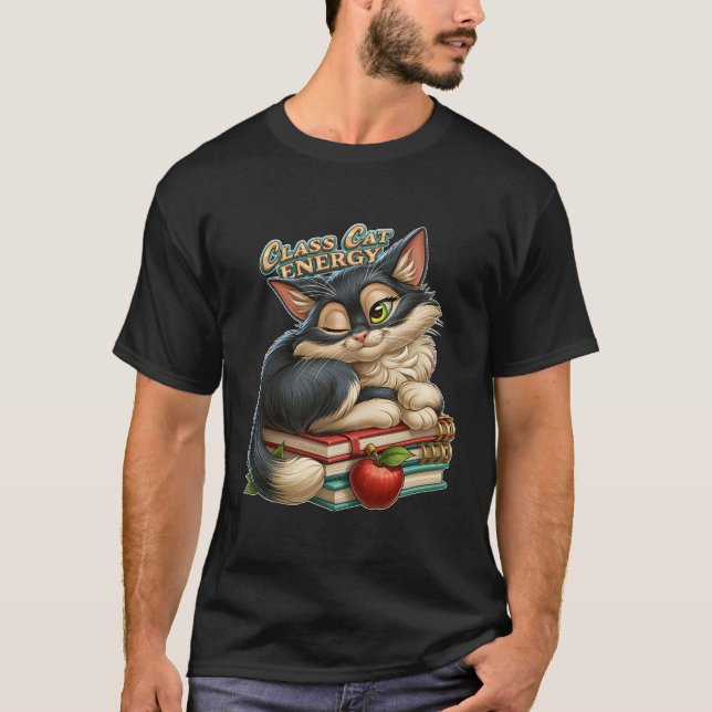 Class Cat Energy Cute Winking Kitty On Books T-Shirt (Front)