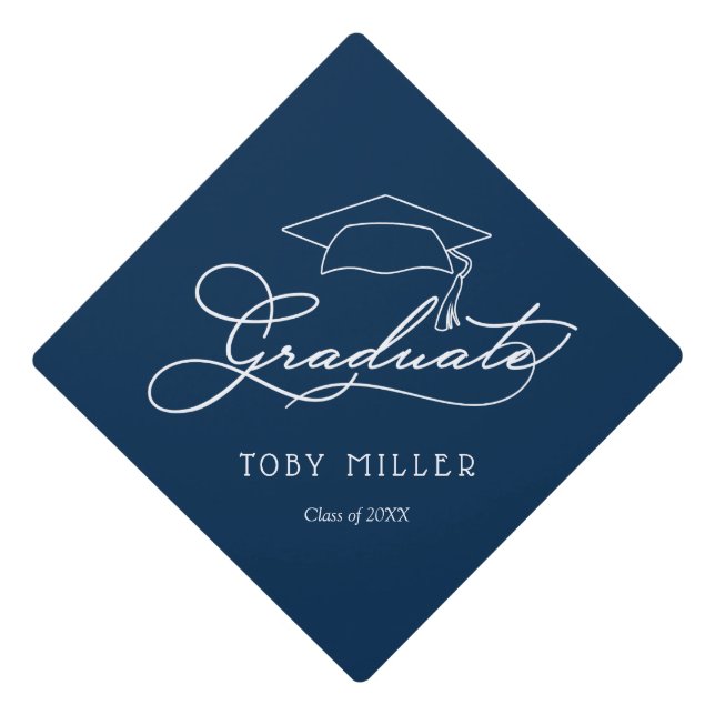 Class Graduate Script Personalize Name Navy Blue Graduation Cap Topper (Front)