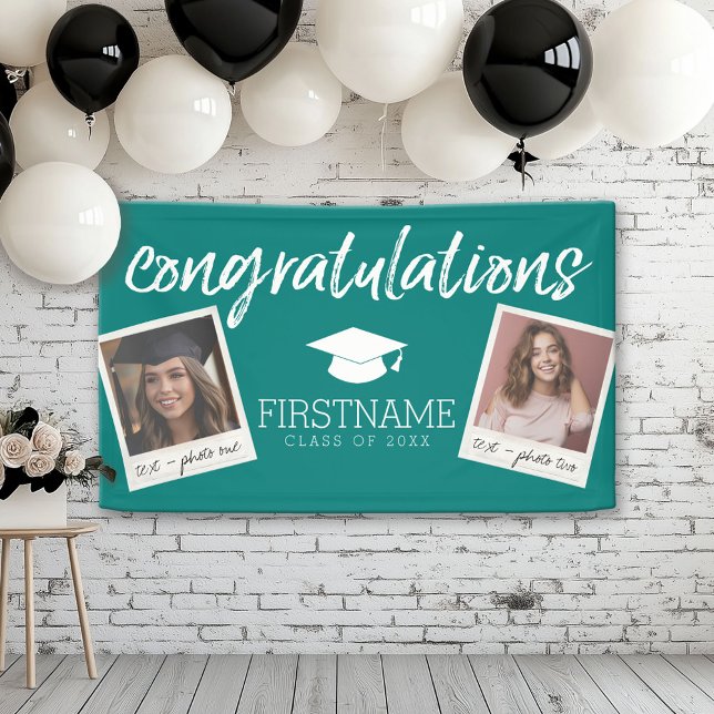 Class Green Graduation 2 Square Photo Collage Banner (Custom Graduation Banner for a Grad Party or Open House)