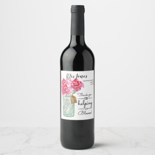 class names teacher thank you bouquet of flowers wine label