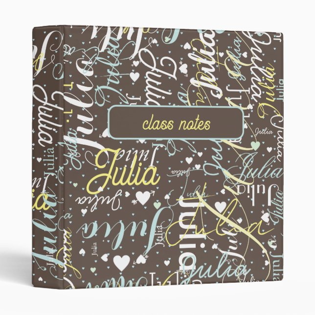 Class Notes Names and Hearts brown 3 Ring Binder (Front/Spine)