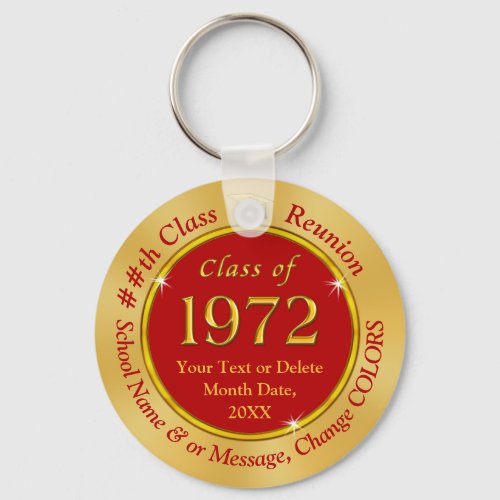 Class of 1972 Souvenirs Red and Gold or Any COLOR Keychain