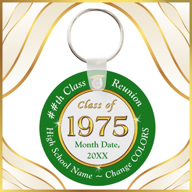 Class of 1975, 50 year Class Reunion Souvenirs, Keychain (Class of 1975 Reunion Ideas. 50 year class reunion souvenirs. Green, White and Gold Class of 75.)