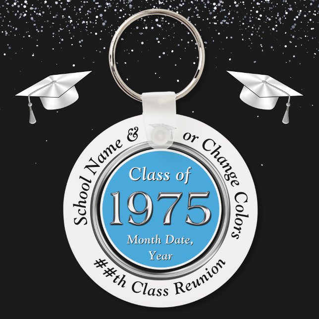 Class of 1975, 50th Class Reunion Souvenirs, 50th Keychain (Class of '75 reunion ideas. Light Carolina Blue, Silver, White, Class of 1975 goodies. 1975 reunion.)