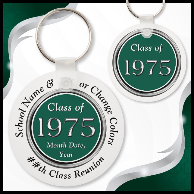Class of 1975 50th Reunion, Class of 1975 Souvenir Keychain (Forest Green, White, Black and Silver, Class of 1975 Reunion Gifts. Class of 75 50th class reunion.)