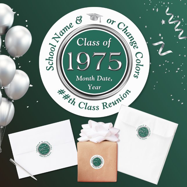 Class of 1975 Reunion Stickers or TRANSFER Design (Forest Green, White and Silver, Class of 1975 Stickers. Class of 75 party supplies for party bags.)