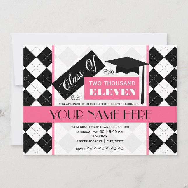 Class of 2011 Black Argyle & Pink Graduation Invitation (Front)
