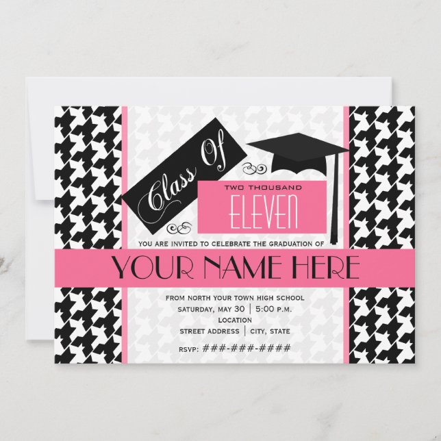 Class of 2011 Houndstooth & Pink Graduation Invitation (Front)