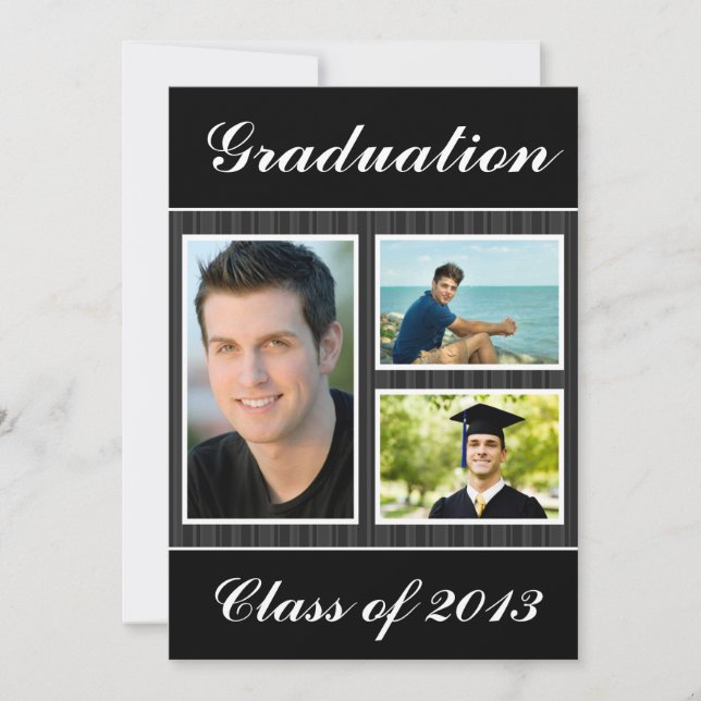 Class of 2013 Black Striped Graduation 3 Photo Invitation (Front)