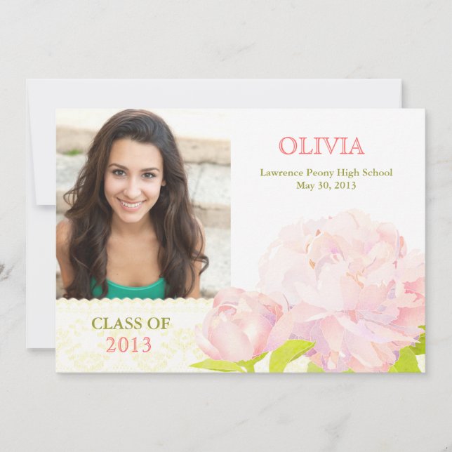 Class of 2013 Pink Peony Girl Photo Graduation Invitation (Front)