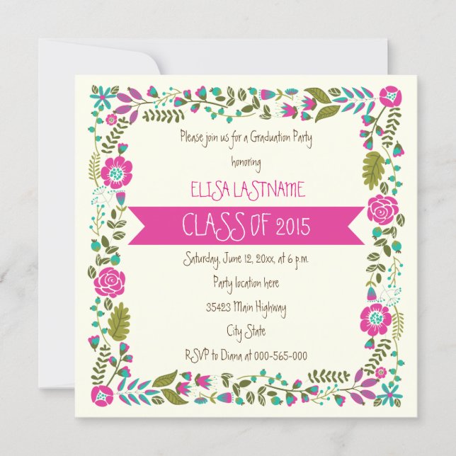 Class of 2015 pink & aqua floral border graduation invitation (Front)