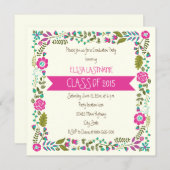 Class of 2015 pink & aqua floral border graduation invitation (Front/Back)