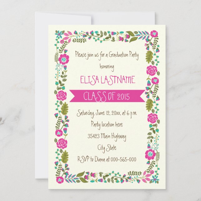 Class of 2015 pink & aqua floral border graduation invitation (Front)