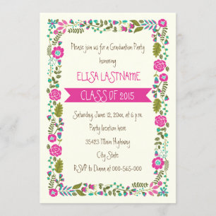 Class of 2015 pink & aqua floral border graduation invitation