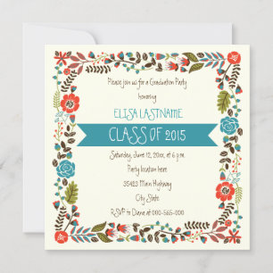 Class of 2015 teal & red floral border graduation invitation