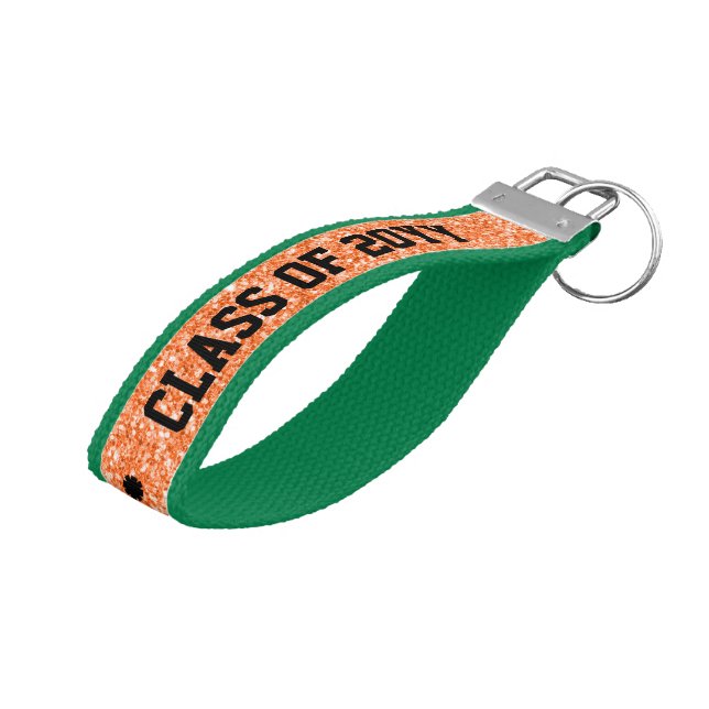 Class Of 2016 Black Text Orange Glitter Wrist Keychain (Angled Up)