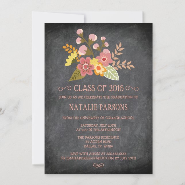 Class of 2016 chalkboard floral graduation party invitation (Front)