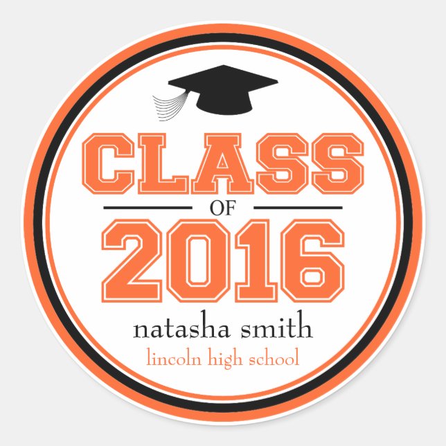 Class Of 2016 Graduation Favor (Orange / Black) Classic Round Sticker (Front)