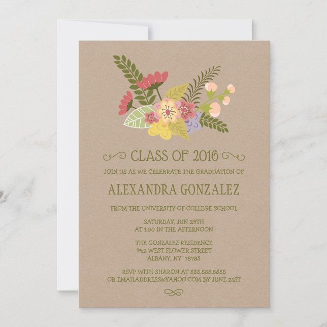 Class of 2016 kraft floral bunch graduation party invitation (Front)