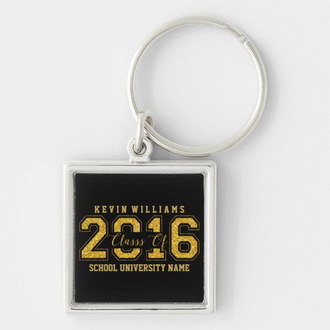 Class Of 2016 Text Gold Glitter On Black Keychain (Front)