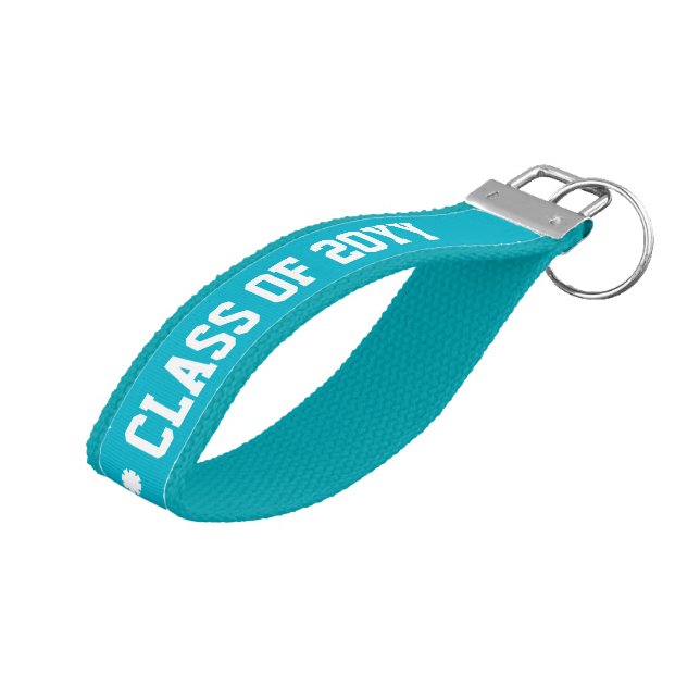 Class Of 2016 Turquoise & White Text Wrist Keychain (Angled Up)