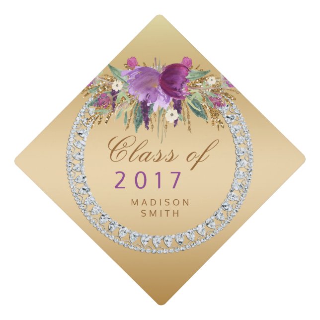 Class of 2017 Flowers Diamonds Gold Graduation Cap Topper (Front)