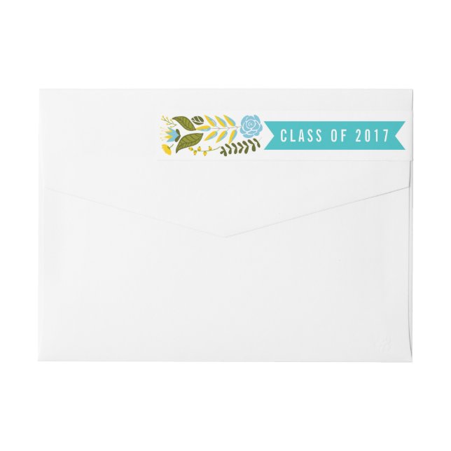 Class of 2017 graduation aqua, yello modern floral wrap around label (Back)