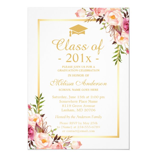 Class of 2018 Graduation Elegant Chic Floral Gold Card (front side)