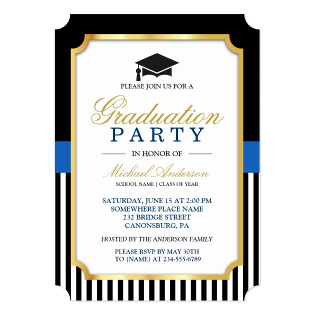 Graduation Party Gold Ticket Stripes Card (front side)