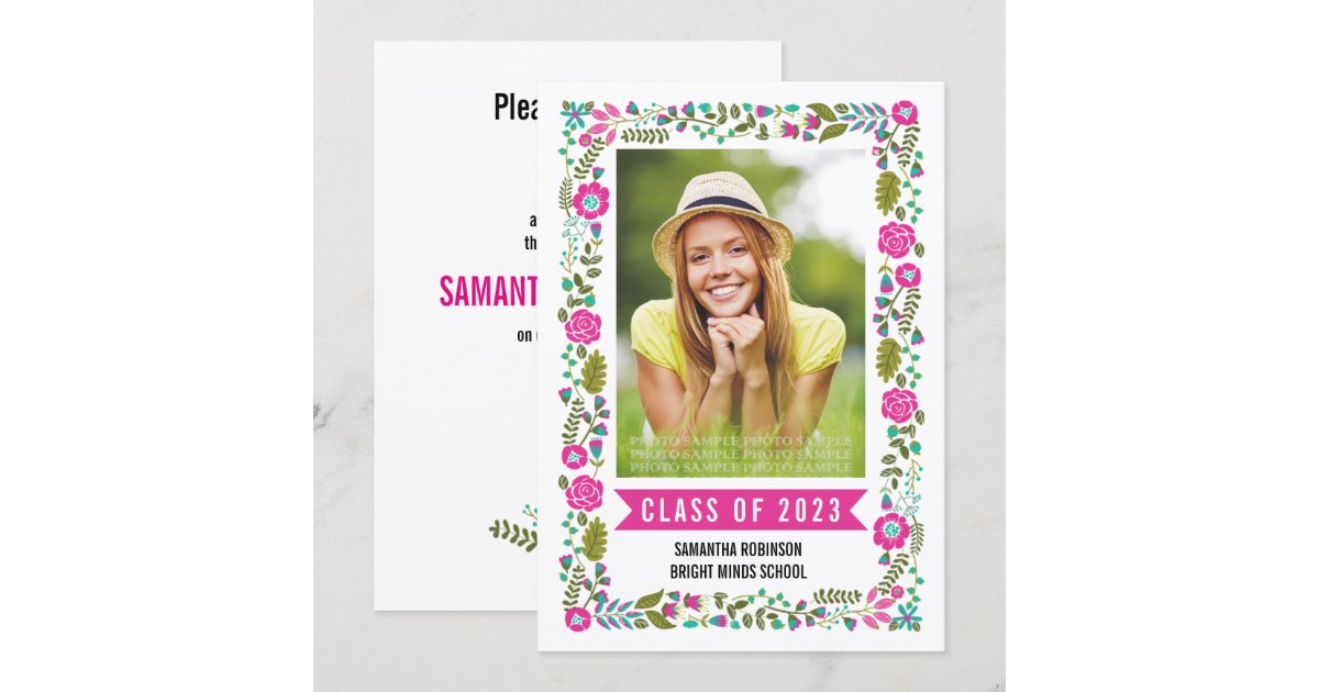Graduation Pink Pattern Border Class of 2017 graduation pink floral border photo invitation | Zazzle