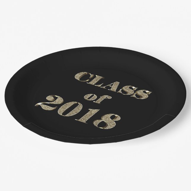 Class of 2018 Black and Gold Glitter Typography Paper Plates (Angled)