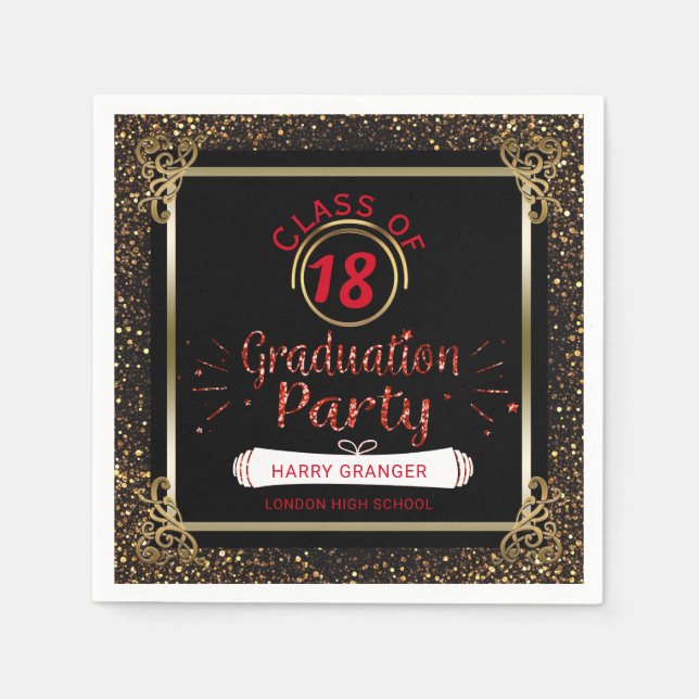 Class of 2018 Black Red Gold Graduation Party Napkins (Front)
