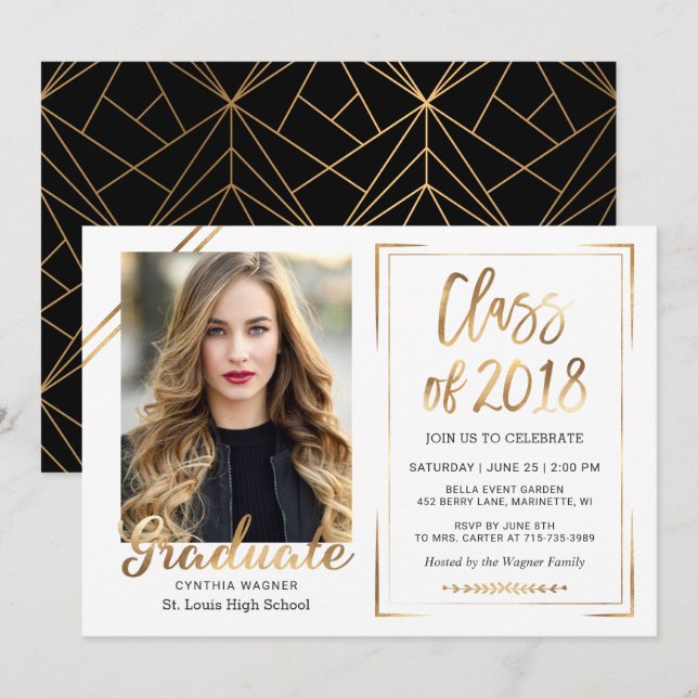 Class of 2018 Black White Gold Photo Graduation Invitation (Front/Back)