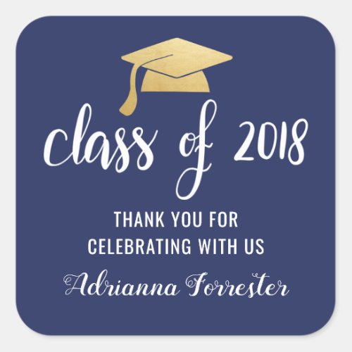 Class Of 2018 Faux Gold Foil Graduate Hat Square Sticker