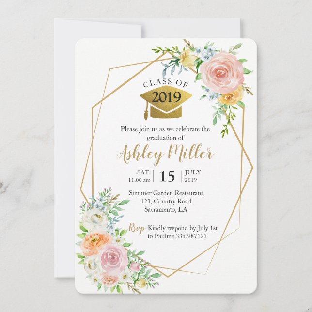 Class of 2018 Floral blush gold Graduation Party Invitation (Front)
