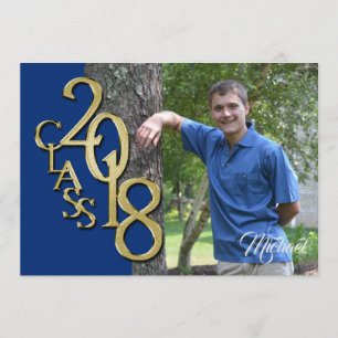Class of 2018 Gold Photo Graduation Blue Invitation