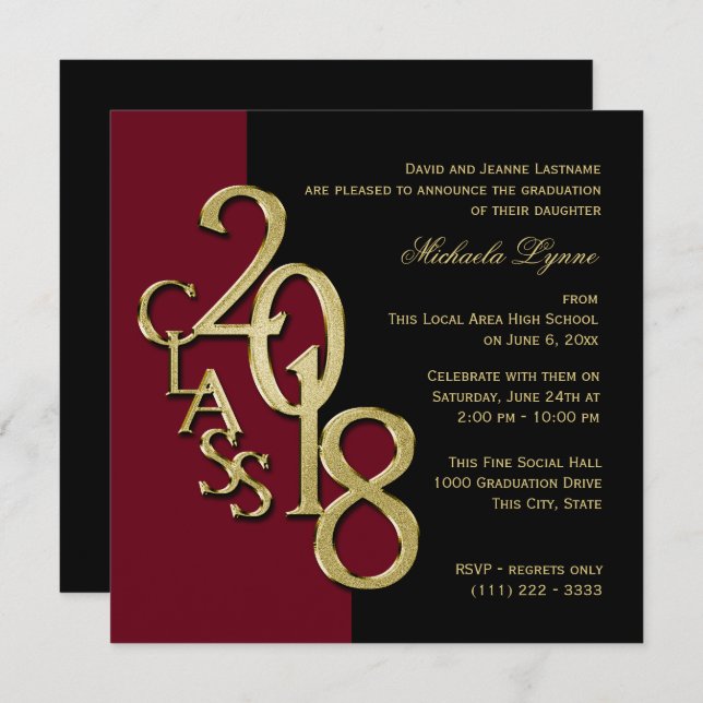 Class of 2018 Grad Burgundy and Gold Invitation (Front/Back)