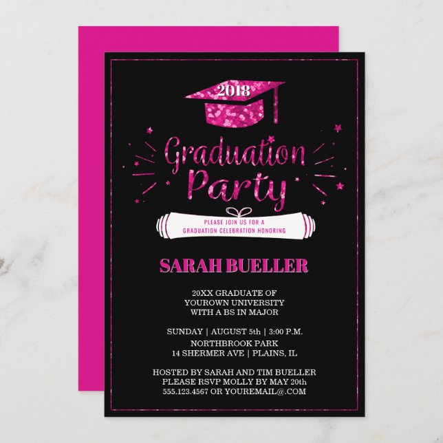 Class of 2018 Grad Cap Pink Graduation Party Invitation (Front/Back)