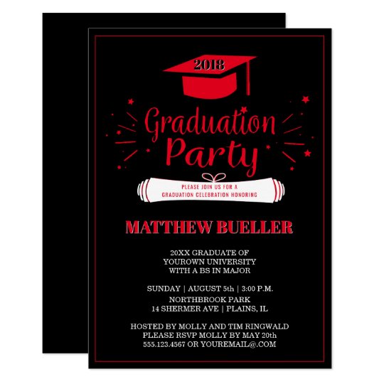 class of 2018 grad cap red black graduation party invitation