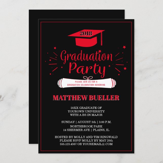 Class of 2018 Grad Cap Red Black Graduation Party Invitation (Front/Back)