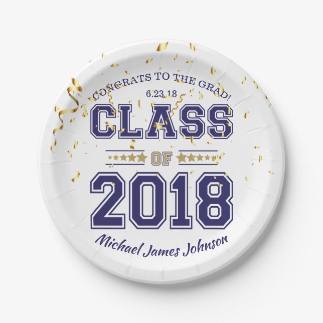 Class of 2018 Grad Party Blue and Gold Paper Plates (Front)