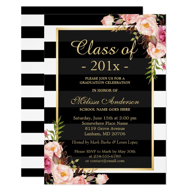 Class Of 2018 Graduation Classy Floral Stripes Invitation