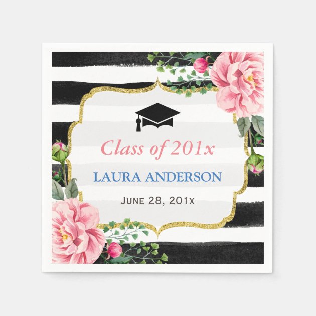 Class Of 2018 Graduation Watercolor Floral Stripes Paper Napkin