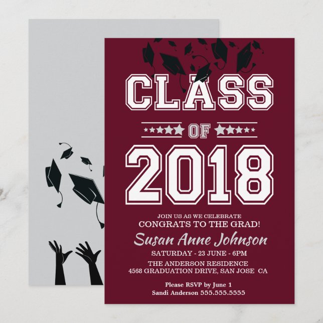 Class of 2018 Silver and Burgundy Grad Party Invitation (Front/Back)